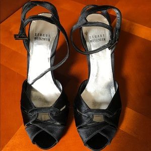 Stuart Weitzman, Black satin with shimmery heels